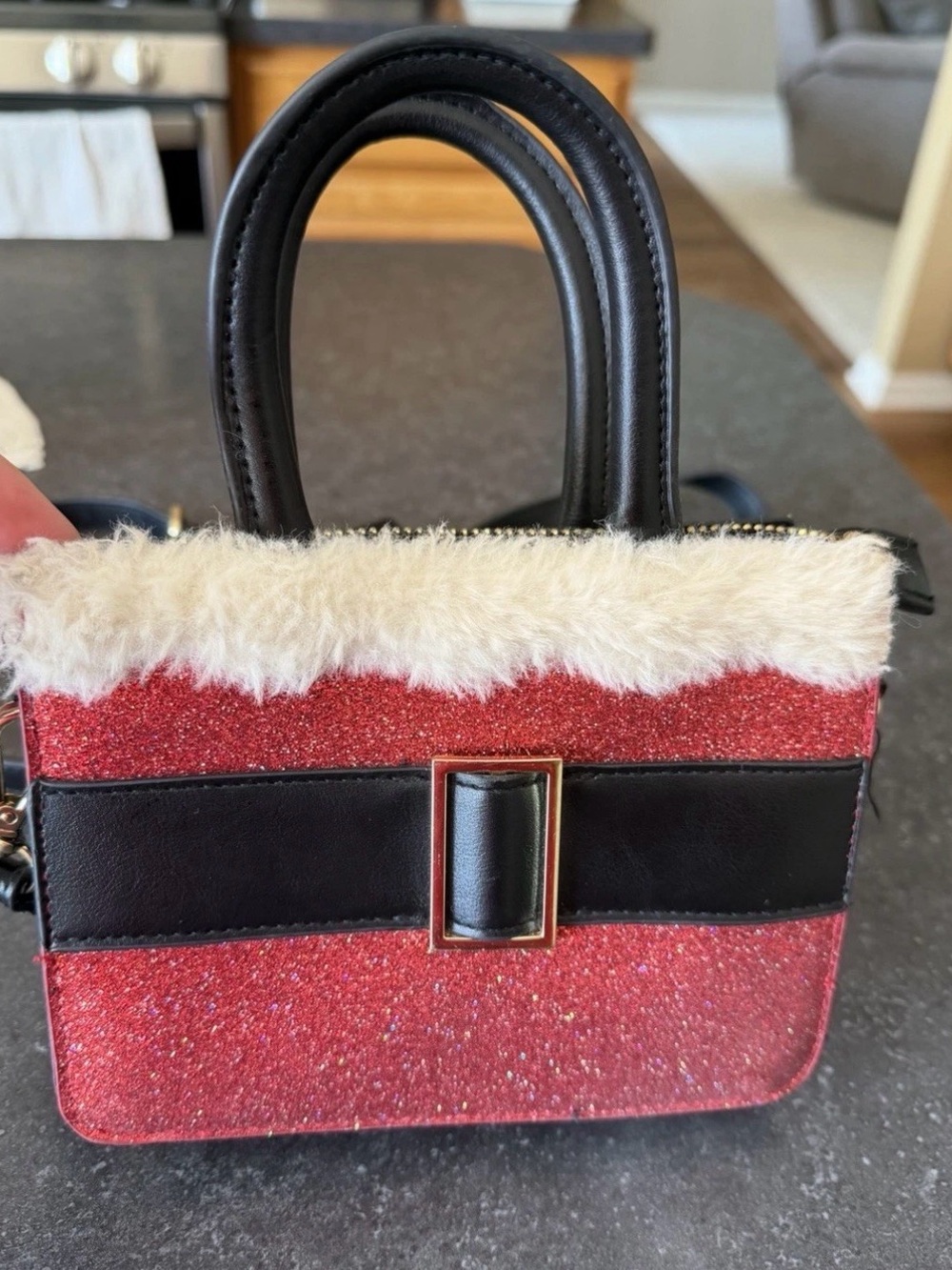 Mad Love Red Glitter Mini Tote with Cream Faux-Fur Trim